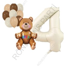 Feyza Design Bej Rakam Ayı Folyo ve Latex Balon Seti Yaş 4