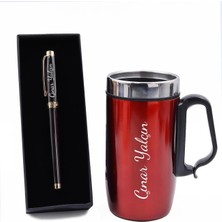 vegahediye v vega Kişiye Özel Kırmızı Bardak Termos & Füme Dolma Kalem Hediye Seti