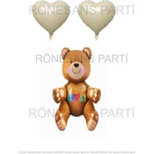 Feyza Design Bej Renkli Folyo Balon Seti - Yazılı Oturan Ayı ve Kalp Tasarımı