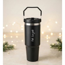 vegahediye v vega Kişiye Özel Isim Baskılı 900 Ml. Pipetli Siyah Çelik Termos Hediyelik Termos