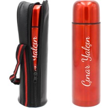 vegahediye v vega Kişiye Özel Isimli Deri Çantalı Kırmızı Renk Çelik Termos 500ML