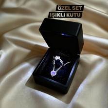 Generic Işıklı Özel Kutulu Gül Kuvars Rüyası Pembe Kalp Takı Seti Gümüş Kaplama Paslanmaz Çelik Zarif Hediye