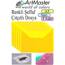 ArtMaster Sarı A5 Çıtçıtlı Dosya Şeffaf Renkli Zarf Dosya 5 Adet 17X22 cm Çıt Çıtlı Dosya Su Geçirmez 50 Yaprak Kapasiteli