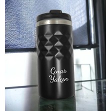 vegahediye v vega Kişiye Özel Baskılı Geometrik Desenli Siyah Renk Termos Bardak 300ML