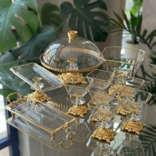 Çnr Home Collection Fanuslu 10 Parça Gold Kristal Sunum ve Servis Seti - Magnolia Tatlı Kaseli