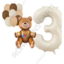 Feyza Design Bej Rakam Ayı Folyo ve Latex Balon Seti Yaş 3