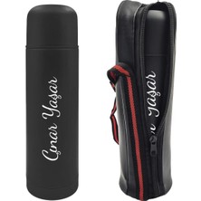 vegahediye v vega Kişiye Özel Isimli Deri Çantalı Siyah Çelik Termos 500ML