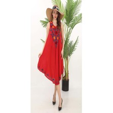 Fibula Otantik ve Bohem Işlemeli %95 Pamuk Standart Beden Ithal Midi Elbise