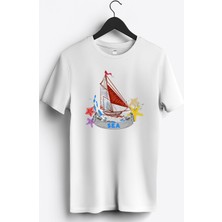 MGAX Denizci Yelkenli Gemi Baskılı Regular Sıfır Yaka %100 Pamuk Unisex Penye T-Shirt
