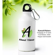 vegahediye v vega Kişiye Özel Tasarım Baskılı Kancalı Beyaz Çelik Su Matarası 600ML.