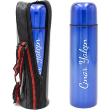 vegahediye v vega Kişiye Özel Isimli Deri Çantalı Mavi Renk Çelik Termos 500ML