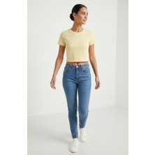 Minosora Basic Likralı Penye Ribana Crop T-Shirt