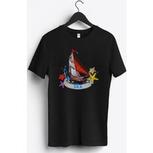 MGAX Denizci Yelkenli Gemi Baskılı Regular Sıfır Yaka %100 Pamuk Unisex Penye T-Shirt