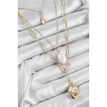 Alvo Store Buğz Pirinç Çoklu Zincirli Incili Deniz Kabuğu Model Gold Renk Kadın Kolye - Buğz