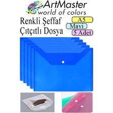 ArtMaster Mavi A5 Çıtçıtlı Dosya Şeffaf Renkli Zarf Dosya 5 Adet 17X22 cm Çıt Çıtlı Dosya Su Geçirmez 50 Yaprak Kapasiteli