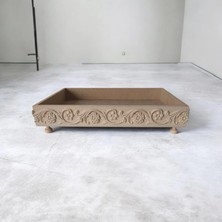 Ahşap Boyanabilir Çiçek Desenli Ayaklı Dekoratif Dikdörtgen Sunumluk Tepsi