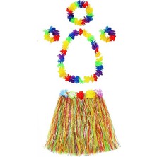 Yetişkin ve Çocuk Uyumlu Luau Aloha Hawaii  Kolye Renkli Etek Taç ve Bileklik Seti