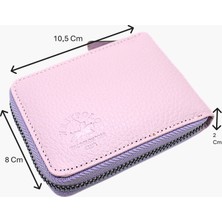 Westpolo Hakiki Deri Kağıt Para ve Bol Şeffaf Kart Bölmeli, Fermuarlı Unisex Kartlık - Açık Lavanta