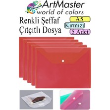ArtMaster Kırmızı A5 Çıtçıtlı Dosya Şeffaf Renkli Zarf Dosya 5 Adet 17X22 cm Çıt Çıtlı Dosya Su Geçirmez 50 Yaprak Kapasiteli