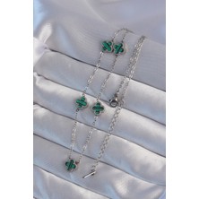 Alvo Store Buğz 316L Çelik Gümüş Renk Minimal Yeşil Mineli Yonca Kolye - Buğz