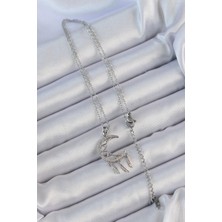 Alvo Store Buğz 316L Çelik Zincir Gümüş Renk Işlemeli Zirkon Taşlı Ay Kolye - Buğz