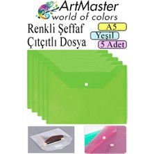 ArtMaster Yeşil A5 Çıtçıtlı Dosya Şeffaf Renkli Zarf Dosya 5 Adet 17X22 cm Çıt Çıtlı Dosya Su Geçirmez 50 Yaprak Kapasiteli