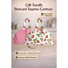 SAVEK El Yapımı Borcam Taşıma Çantası & Piknik Çantası 50X80 cm – Çilekli Desen, Bağcıklı, Bez Fırın Kabı Çantası