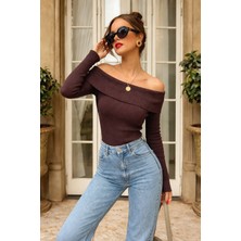 Celiora Style Kadın Kayık Yaka Omuz Açık Fitilli Triko Bluz Uzun Kollu Slim Fit Basic Günlük Şık 8 Renk
