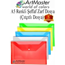 ArtMaster A5 Çıtçıtlı Dosya Şeffaf Renkli Zarf Dosya 5 Renk 17X22 cm Çıt Çıtlı Dosya Su Geçirmez 50 Yaprak Kapasiteli