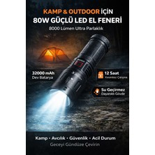 Edison 80W Şarjlı LED El Feneri 8000 Yüksek Lümen 32000 Mah Zoomlu 5 Mod Büyük Kamp Avcı Feneri