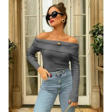 Celiora Style Kadın Kayık Yaka Omuz Açık Fitilli Triko Bluz Uzun Kollu Slim Fit Basic Günlük Şık 8 Renk