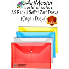 ArtMaster A5 Çıtçıtlı Dosya Şeffaf Renkli Zarf Dosya 4 Renk 17X22 cm Çıt Çıtlı Dosya Su Geçirmez 50 Yaprak Kapasiteli