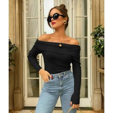 Celiora Style Kadın Kayık Yaka Omuz Açık Fitilli Triko Bluz Uzun Kollu Slim Fit Basic Günlük Şık 8 Renk