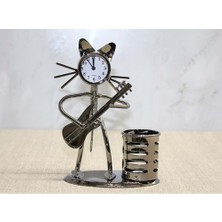 Metal Gitar Çalan Kedi Müzisyen Saat ve Kalemlik