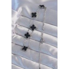 Alvo Store Buğz 316L Çelik Gümüş Renk Siyah Mineli Yonca Kolye - Buğz