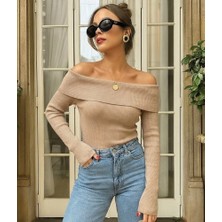 Celiora Style Kadın Kayık Yaka Omuz Açık Fitilli Triko Bluz Uzun Kollu Slim Fit Basic Günlük Şık 8 Renk