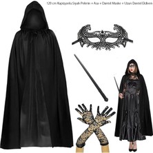 Alvo Store Buğz 120 cm Kapüşonlu Siyah Pelerin + Asa + Dantel Maske + Uzun Dantel Siyah Eldiven Kostüm Seti