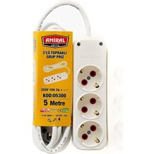 Amiral 3' Lü Topraklı 5 Metre Kablolu Grup Priz