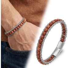 Fm 💎 Premium Kırmızı Jasper Doğal Taşlı Hasır Örgü Zincirli Erkek Çelik Bileklik 31832B28D10 - 21 cm