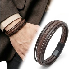 Fm 💎 Premium Kahve Tüp Örgü ve Çoklu Deri Bileklik - Zamak Kilit 31833B2D5Z