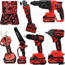 Prohummer PH326 Yeni Profesyonel Akülü Kırmızı Süper 6lı Set Makina 21V 4AH 125MM Avuç Taşlama, Sds Plus Kırıcı Delici, Somun Sıkma Sökme, Vidalama Matkap, Budama Testere, Budama Makası