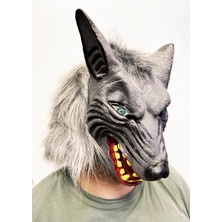 TE Dükkan Buğz Kafaya Tam Geçmeli Lateks Mavi Gözlü Dişli Ağzı Açık Kurt Maskesi