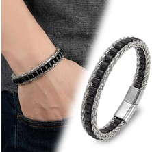 Fm 💎 Premium Oniks Doğal Taşlı Hasır Örgü Zincirli Erkek Çelik Bileklik 31832B28D1 - 21 cm