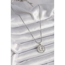 TE Dükkan Buğz 316L Çelik Gümüş Renk Zincir Zirkon Taş Detaylı Beyaz Sedefli Ay Yıldız Işleme Kadın Kolye - Buğz