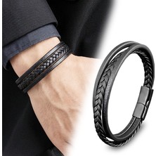 Fm 💎 Premium Siyah Deri Erkek Bileklik – Titanyum Çelik Manyetik Kilitli 31833B14D3 - 21 cm