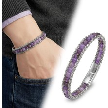 Fm 💎 Premium Ametist Doğal Taşlı Hasır Örgü Zincirli Erkek Çelik Bileklik 31832B28D5 - 21 cm