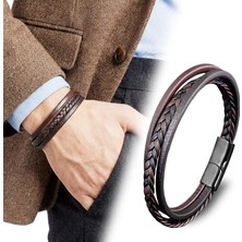 Fm 💎 Premium Kahverengi Siyah Deri Erkek Bileklik – Titanyum Çelik Manyetik Kilitli 31833B14D2