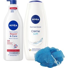 Braventa Collection Duş Jeli 500ML Repair Vücut Losyonu 400ML, Lif Hediyeli, Kaşıntılı Hassas Cilt