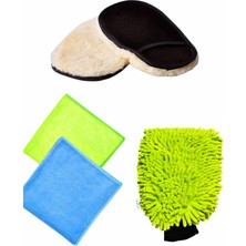 Braventa Collection 4’lü Araç Temizlik Detay Bakım Seti, 2’li Mikrofiber Bez + Yün Polisaj Eldiveni + Araç Yıkama Eldive