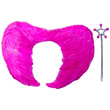 Katre46 Gerçek Tüylü Katlanabilir Çocuk Pembe Melek Kanadı ve Asa Seti 40X55 cm